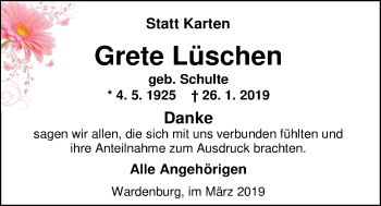 Traueranzeige von Grete Lüschen von Nordwest-Zeitung