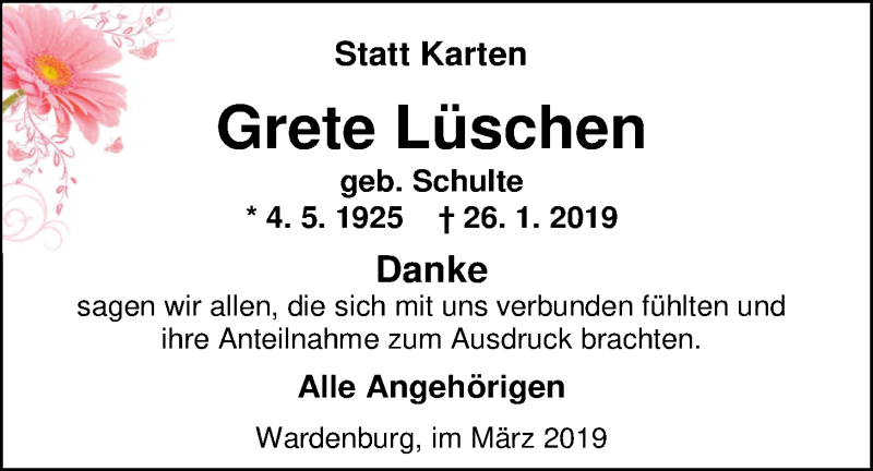  Traueranzeige für Grete Lüschen vom 06.03.2019 aus Nordwest-Zeitung