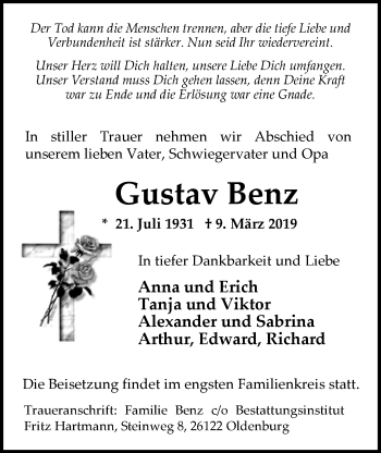 Traueranzeige von Gustav Benz von Nordwest-Zeitung