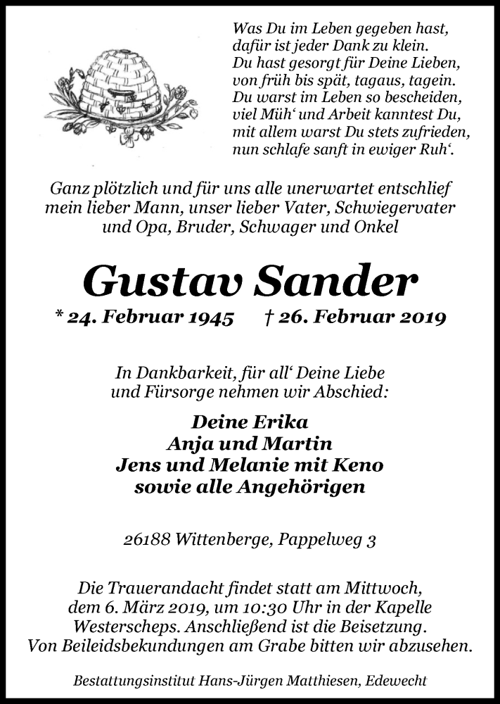  Traueranzeige für Gustav Sander vom 02.03.2019 aus Nordwest-Zeitung
