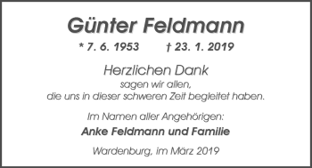 Traueranzeige von Günter Feldmann von Nordwest-Zeitung