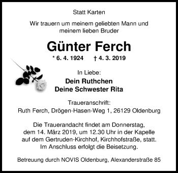 Traueranzeige von Günter Ferch von Nordwest-Zeitung