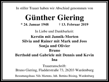 Traueranzeige von Günther Giering von Nordwest-Zeitung