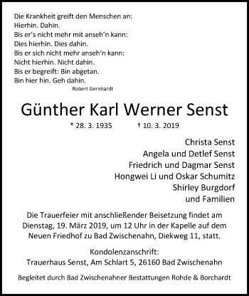 Traueranzeige von Günther Karl Werner Senst von Nordwest-Zeitung