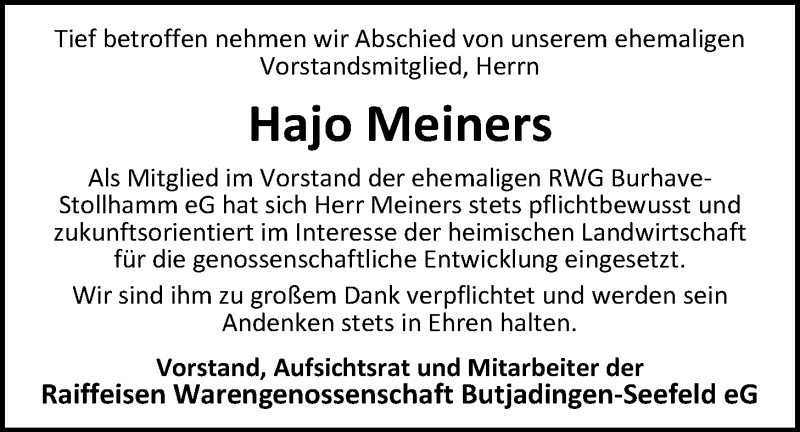  Traueranzeige für Hajo Meiners vom 13.03.2019 aus Nordwest-Zeitung