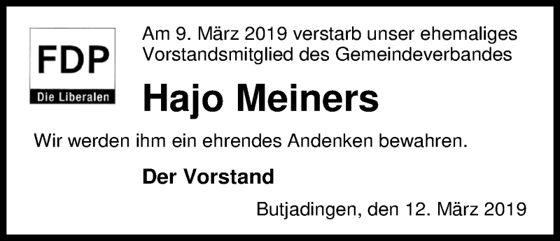  Traueranzeige für Hajo Meiners vom 13.03.2019 aus Nordwest-Zeitung