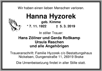 Traueranzeige von Hanna Hyzorek von Nordwest-Zeitung