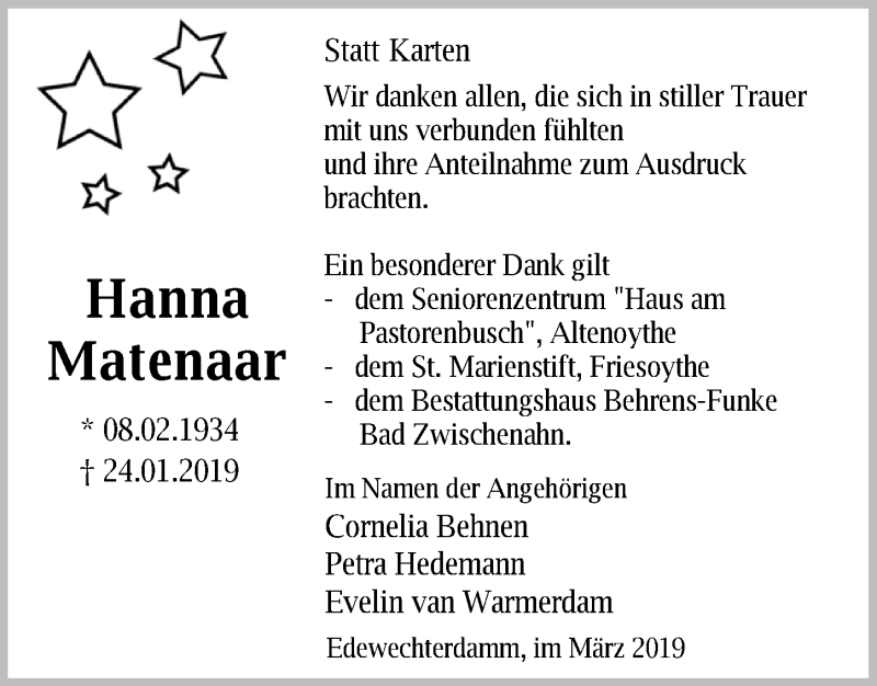  Traueranzeige für Johanne (Hanna) Matenaar vom 07.03.2019 aus Nordwest-Zeitung