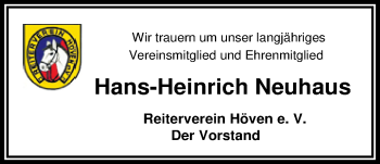 Traueranzeige von Hans-Heinrich Neuhaus von Nordwest-Zeitung