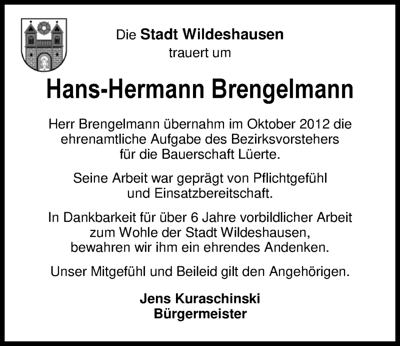  Traueranzeige für Hans-Hermann Brengelmann vom 21.03.2019 aus Nordwest-Zeitung