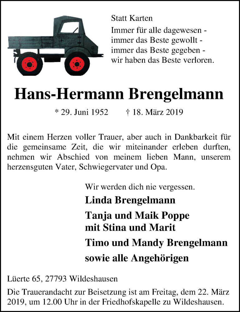  Traueranzeige für Hans-Hermann Brengelmann vom 20.03.2019 aus Nordwest-Zeitung