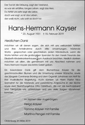Traueranzeige von Hans-Hermann Kayser von Nordwest-Zeitung