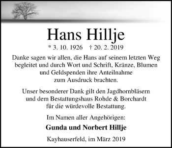 Traueranzeige von Hans Hillje von Nordwest-Zeitung