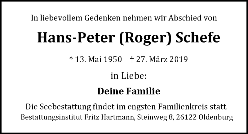 Traueranzeige für Hans-Peter Schefe vom 30.03.2019 aus Nordwest-Zeitung