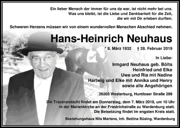 Traueranzeige von Hans-Heinrich Neuhaus von Nordwest-Zeitung