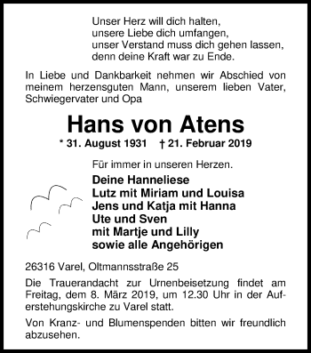 Traueranzeige von Hans von Atens von Nordwest-Zeitung