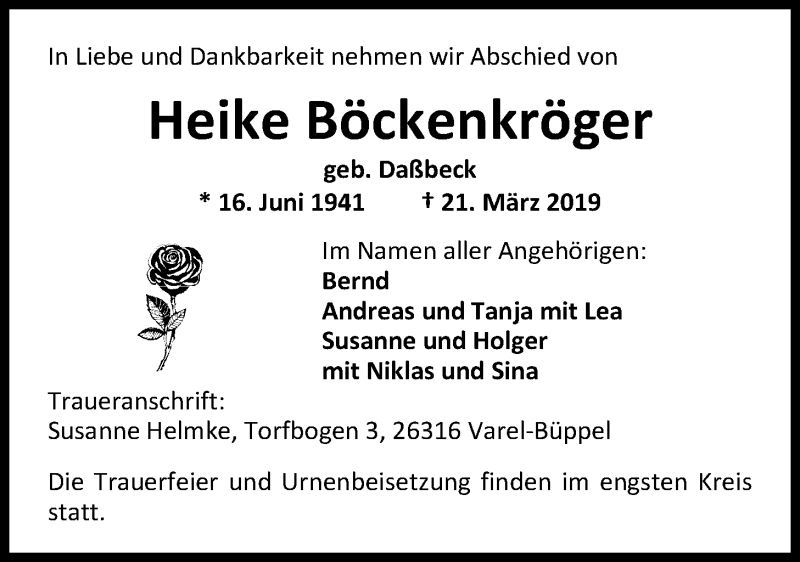  Traueranzeige für Heike Böckenkröger vom 23.03.2019 aus Nordwest-Zeitung
