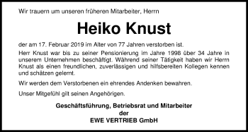 Traueranzeige von Heiko Knust von Nordwest-Zeitung