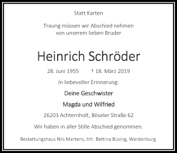 Traueranzeige von Heinrich Schröder von Nordwest-Zeitung