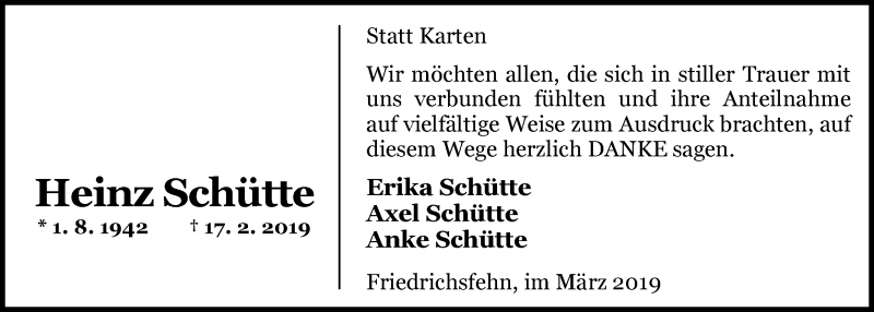  Traueranzeige für Heinz Schütte vom 22.03.2019 aus Nordwest-Zeitung