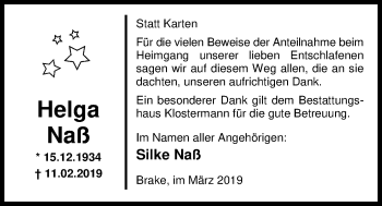 Traueranzeige von Helga Naß von Nordwest-Zeitung