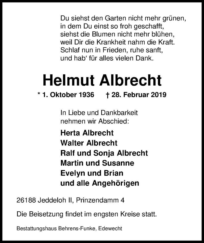  Traueranzeige für Helmut Albrecht vom 06.03.2019 aus Nordwest-Zeitung