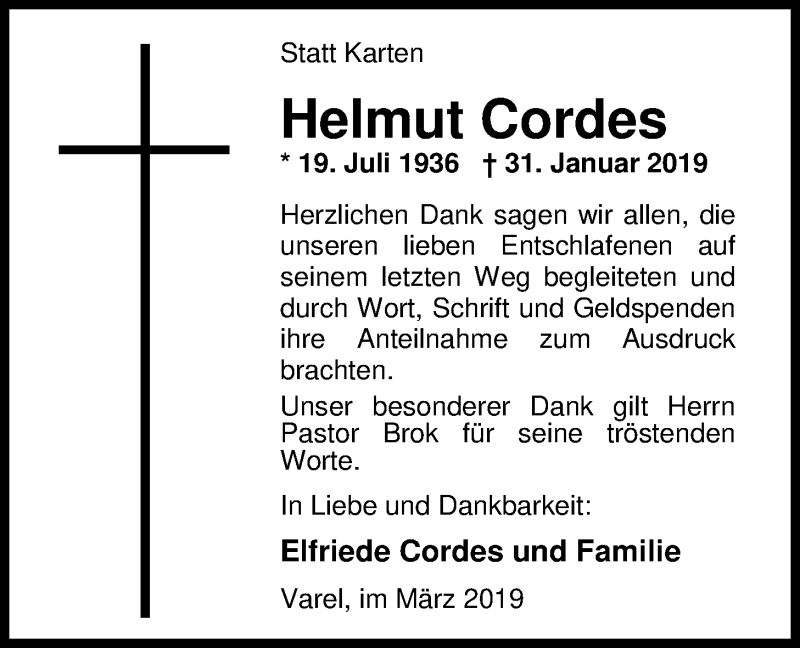  Traueranzeige für Helmut Cordes vom 19.03.2019 aus Nordwest-Zeitung