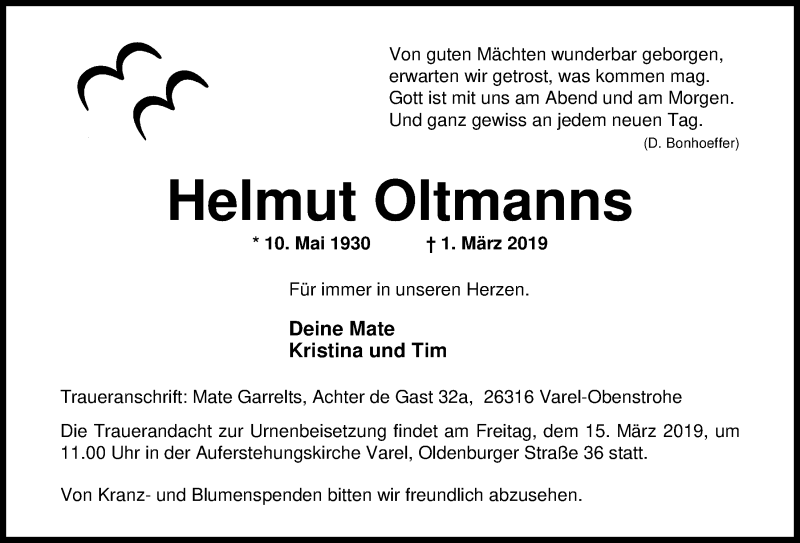  Traueranzeige für Helmut Oltmanns vom 09.03.2019 aus Nordwest-Zeitung