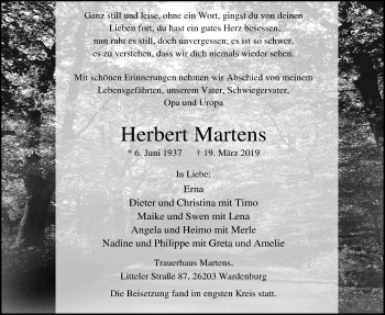 Traueranzeige von Herbert Martens von Nordwest-Zeitung