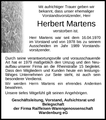 Traueranzeige von Herbert Martens von Nordwest-Zeitung