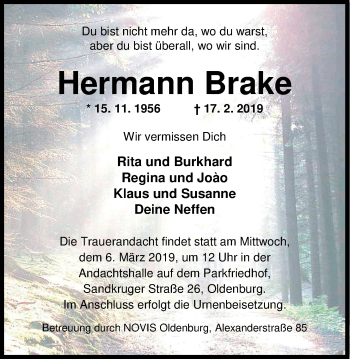 Traueranzeige von Hermann Brake von Nordwest-Zeitung