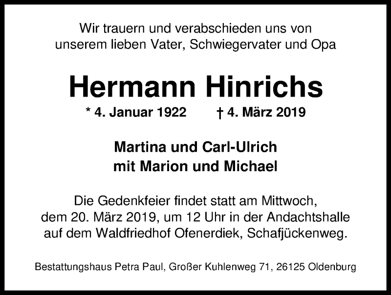  Traueranzeige für Hermann Hinrichs vom 16.03.2019 aus Nordwest-Zeitung