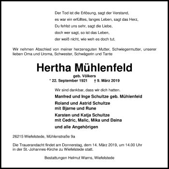 Traueranzeige von Hertha Mühlenfeld von Nordwest-Zeitung