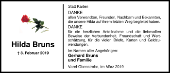 Traueranzeige von Hilda Bruns von Nordwest-Zeitung