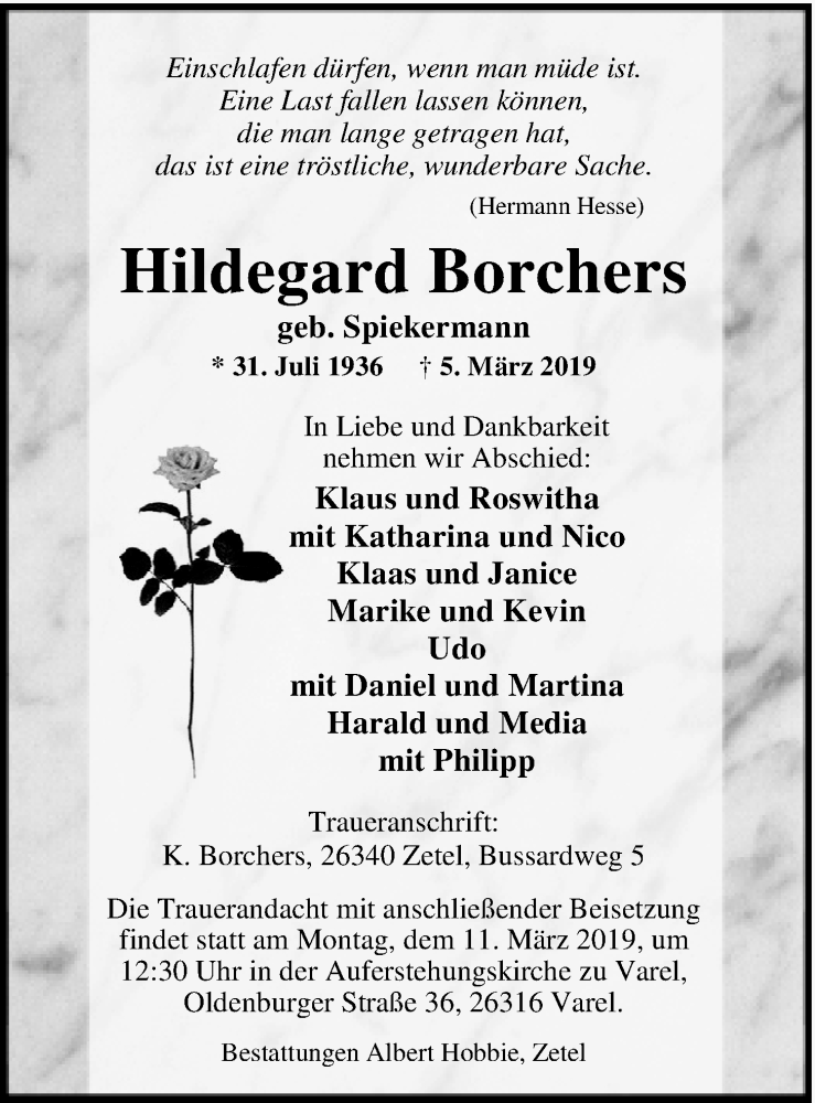  Traueranzeige für Hildegard Borchers vom 07.03.2019 aus Nordwest-Zeitung