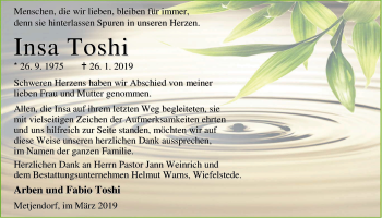 Traueranzeige von Insa Toshi von Nordwest-Zeitung