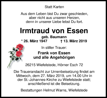 Traueranzeige von Irmtraud von Essen von Nordwest-Zeitung