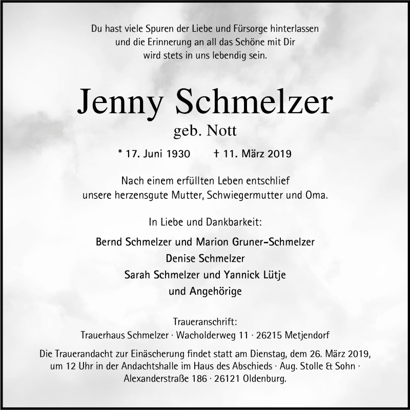  Traueranzeige für Jenny Schmelzer vom 20.03.2019 aus Nordwest-Zeitung