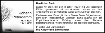 Traueranzeige von Johann Peterdamm von Nordwest-Zeitung