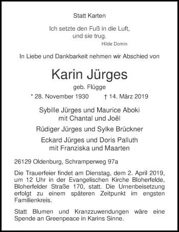 Traueranzeige von Karin Jürges von Nordwest-Zeitung