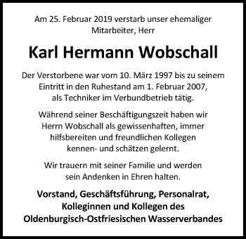 Traueranzeige von Karl Hermann Wobschall von Nordwest-Zeitung