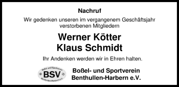 Traueranzeige von Klaus Schmidt von Nordwest-Zeitung