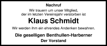 Traueranzeige von Klaus Schmidt von Nordwest-Zeitung