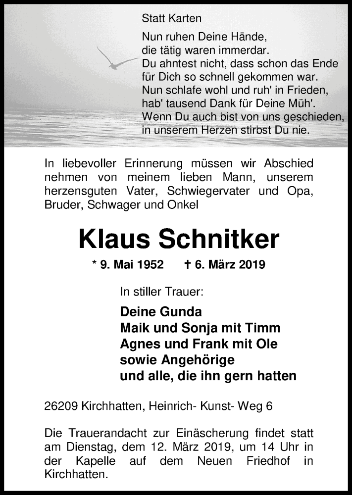  Traueranzeige für Klaus Schnitker vom 08.03.2019 aus Nordwest-Zeitung