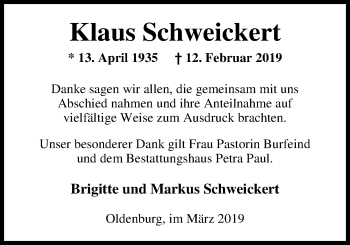 Traueranzeige von Klaus Schweickert von Nordwest-Zeitung