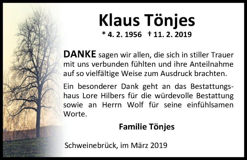  Traueranzeige für Klaus Tönjes vom 27.03.2019 aus Nordwest-Zeitung