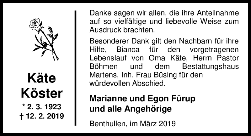  Traueranzeige für Käte Köster vom 19.03.2019 aus Nordwest-Zeitung