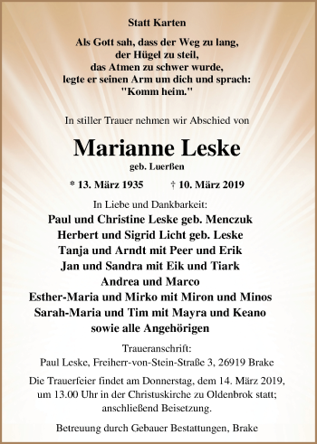 Traueranzeige von Leske Marianne von Nordwest-Zeitung