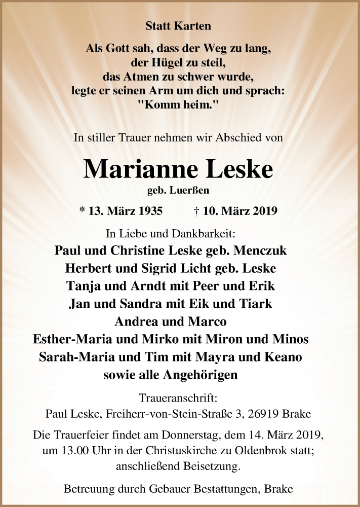 Traueranzeige für Leske Marianne vom 12.03.2019 aus Nordwest-Zeitung