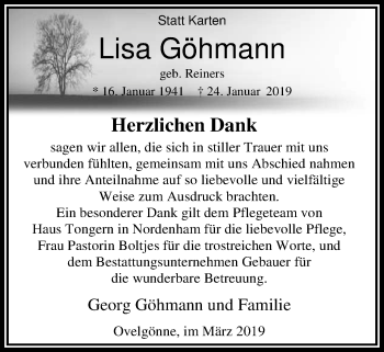 Traueranzeige von Lisa Göhmann von Nordwest-Zeitung
